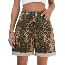 Dames Jeansshorts met Hoge Taille, Lange Pijpen, Gescheurde Jeansshorts met een Verwassen  Luipaardprint L