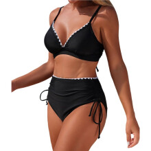 Conjunto de Biquíni Push- Feminino - Maiô de Duas Peças com Decote em V e Costas Cruzadas Preto XXL