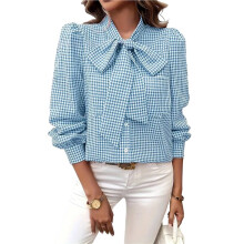 Damesblouses met Strik in de Hals en Lange Mouwen, Casual Werkblouses en Tops Blauw S
