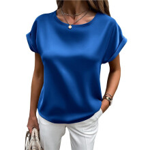 Dames Zomerse Nette Casual Shirts met Korte Mouwen, Ronde Hals, Satijnen Blouses voor op Kantoor en Werk Blauw S