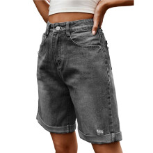 Dames Jeansshorts met Hoge Taille, Lange Pijpen, Gescheurde Jeansshorts met een Verwassen  Zwart & Grijs S