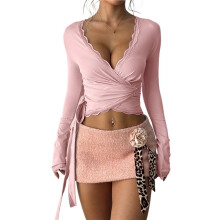 Dames Crop Top met Kanten Afwerking, V-Hals en Strik aan de Voorkant, Lange Mouwen, Effen Kleur, Casual Blouse Roze M