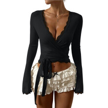 Dames Crop Top met Kanten Afwerking, V-Hals en Strik aan de Voorkant, Lange Mouwen, Effen Kleur, Casual Blouse Zwart M