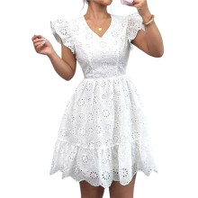 Dames Zomerjurken van Kant met Oogjes, Casual, Zwierig, Babydoll, Swingjurk met Korte Mouwen en V-Hals, Tuniekjurk Wit L