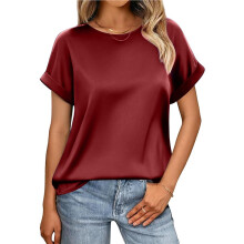 Dames Zomerse Nette Casual Shirts met Korte Mouwen, Ronde Hals, Satijnen Blouses voor op Kantoor en Werk Wijnrood L