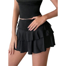 Geplooide Korte Rokjes voor Dames, Minirok met Ruches, Y2K Zwierige Rok met Hoge Taille, Elastische Gelaagde Rok Zwart XL