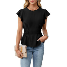 Women'S Dressy Casual Blouses Business Ruffle Short Sleeve Tops Summer Crew Neck Smocked Shirts Black S