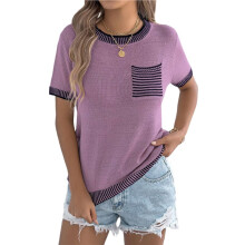 Dames Gebreide Tops met Korte Mouwen, Zomerse Ronde Hals, Kleurblokken, Sportshirts, Losvallende T-Shirts, Blouses, Casual Paars L