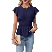 Dames Nette Casual Blouses, Zakelijke Tops met Ruches, Korte Mouwen, Zomerse Shirts met Ronde Hals en Smockwerk Marineblauw S