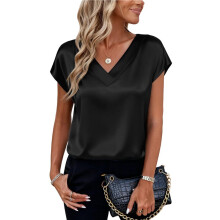 Dames Zijden Satijnen Tops met Korte Mouwen, Blouse met V-Hals, Zakelijke Casual Outfits Zwart S