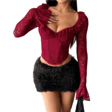Dames Mesh Top, Kanten Crop Top, Blouse met Lange Mouwen, Doorschijnende Y2K Mesh Shirts, Uitgaanstops, Cluboutfits Wijnrood S
