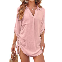 Dames Badpak Cover- Bikini Badpak Cover- met Trekkoord Strandjurk Shirt ZS2439 Roze een Maat