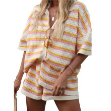 Dames Gebreide Top met Kleurblokken, Omgeslagen Kraag en Strepen, Korte Mouwen en Short Set Gemengde Kleuren XL