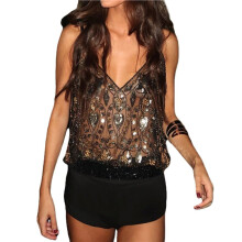 Dames Semi-Transparante Glinsterende Tanktop Zonder Mouwen met V-Hals, Bloemenprint en Pailletten Zwart Goud XL