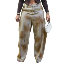 Dames Jeans met Hoge Taille, Baggy Model, Trendy Wijde Pijpen, Gewassen en Verwassen Denim Bruin XXXL