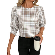 Damesblouses, Elegant en Casual, met 3/4 Mouwen en Geplooide Manchetten Ruitjes S