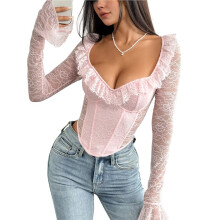 Dames Mesh Top, Kanten Crop Top, Blouse met Lange Mouwen, Doorschijnende Y2K Mesh Shirts, Uitgaanstops, Cluboutfits Roze S