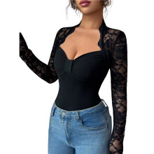 Damesblouse met Lange Mouwen en Kant, Laag Uitgesneden, Y2K Slim Fit Top, Perfect voor Uitgaan, Club of Concert Zwart S