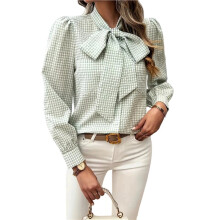 Damesblouses met Strik in de Hals en Lange Mouwen, Casual Werkblouses en Tops Groen XL