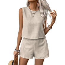 Tweedelige Vakantieoutfit voor Dames: Mouwloze Tanktop en Bijpassende Shorts Kaki L