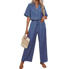 Casual Tweedelige Set voor Dames: Top met V-Hals en Korte Mouwen, Rechte Broek met Wijde Pijpen Diepblauw XL