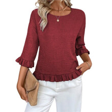 Dames T-Shirts met Schattige Ruches, Korte Mouwen, Ronde Hals, Casual Linnen Tops, Zomerse Modekleding Wijnrood M