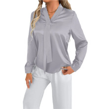 Blusa Feminina de Cetim para o Verão, Cor Sólida, Manga Longa, Elegante, Casual, para o Escritório Cinza Claro M