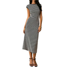 Damesjurk met Strepen, Ronde Hals, Korte Mouwen, Nauwsluitend Model, Gebreide Zomerjurk, Midi-Lengte Zwart S