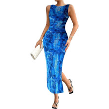 Mouwloze Zomerjurk voor Dames, Geschikt Als Gast op een Bruiloft, Nauwsluitende Cocktailjurk met Bloemenprint, Mesh en Ruches Diepblauw XL