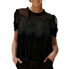 Damesblouse van Fluweel en Kant, Casual, Ronde Hals, Korte Mouwen, Uitlopende Swingtop, Elegante Losse Blouse Zwart XL