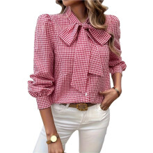 Damesblouses met Strik in de Hals en Lange Mouwen, Casual Werkblouses en Tops Rood M