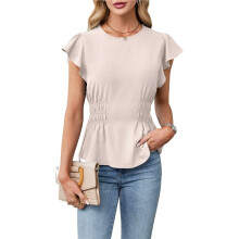 Dames Nette Casual Blouses, Zakelijke Tops met Ruches, Korte Mouwen, Zomerse Shirts met Ronde Hals en Smockwerk Kaki XXL