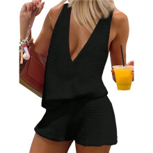 Dames Tweedelige Outfits: Mouwloze Tanktops met Diepe V-Hals en Shorts, Zomer Vakantiesets Zwart S