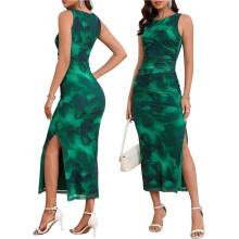 Mouwloze Zomerjurk voor Dames, Geschikt Als Gast op een Bruiloft, Nauwsluitende Cocktailjurk met Bloemenprint, Mesh en Ruches Smaragdgroen XL