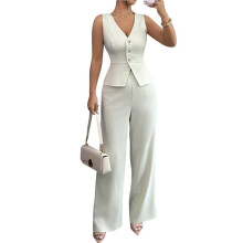 Dames 2-Delige Outfit: Elegante Blazer, Vest met Zakken en Wijde Broekspijpen, Casual Bijpassende Set Wit S