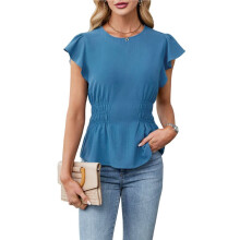Dames Nette Casual Blouses, Zakelijke Tops met Ruches, Korte Mouwen, Zomerse Shirts met Ronde Hals en Smockwerk Pauwblauw M