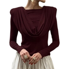 Damesblouse met Bordeauxrode Draperie, Colkraag, Lange Mouwen, Elegant, Casual, Geschikt voor Kantoor en Feestjes Wijnrood S