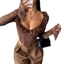 Dames Mesh Top, Kanten Crop Top, Blouse met Lange Mouwen, Doorschijnende Y2K Mesh Shirts, Uitgaanstops, Cluboutfits Donkerbruin M