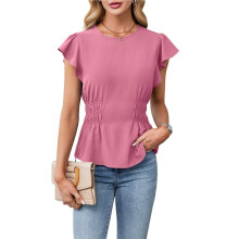 Dames Nette Casual Blouses, Zakelijke Tops met Ruches, Korte Mouwen, Zomerse Shirts met Ronde Hals en Smockwerk Perzikkleur M