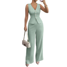 Dames 2-Delige Outfit: Elegante Blazer, Vest met Zakken en Wijde Broekspijpen, Casual Bijpassende Set Mintgroen XXXL