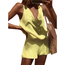 Dames Tweedelige Outfits: Mouwloze Tanktops met Diepe V-Hals en Shorts, Zomer Vakantiesets Geel M