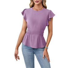 Dames Nette Casual Blouses, Zakelijke Tops met Ruches, Korte Mouwen, Zomerse Shirts met Ronde Hals en Smockwerk Dieppaars L