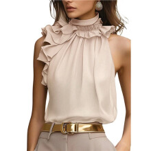 Dames Zomer Haltertops met Bloemenapplicaties, Mouwloze Werkshirts, Blouses voor Dames, Elegant en Casual Abrikooskleur M