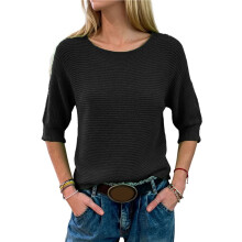Truien voor Dames: Casual Gebreide Tuniekblouse met Boothals, Effen Baggy T-Shirts, Modieuze Pullover Shirts met 3/4 Mouwen Zwart XL