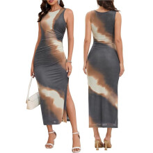 Mouwloze Zomerjurk voor Dames, Geschikt Als Gast op een Bruiloft, Nauwsluitende Cocktailjurk met Bloemenprint, Mesh en Ruches Donkerbruin M
