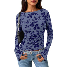 Dames Top met Lange Mouwen, Bloemenprint en Mesh, Trendy Model met Boothals, Plooien en Aansluitende Pasvorm, Perfect voor een Avondje Uit Blauw M