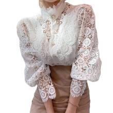 Elegante Damesblouse met Kanten Afwerking, Casual Victoriaanse Blouse met Lange Mouwen en Knoopsluiting Wit XL