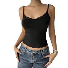 Dames Tanktop met Vierkante Hals en Kant, Mouwloos, Cropped, Spaghettibandjes, Zomerse Y2K-Top Zwart XL