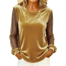 Dames Fluwelen Top met Ronde Hals, Mesh Mouwen, Blouse met Lange Mouwen, Zachte Velours Shirts, Elegante Modekleding Goud XXL