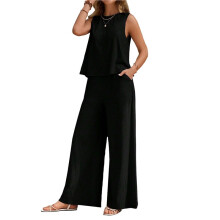 Dames Zomersets (2-Delig): Mouwloze Top, Wijde Broek, Lounge-, Strand- en Reissets Zwart L